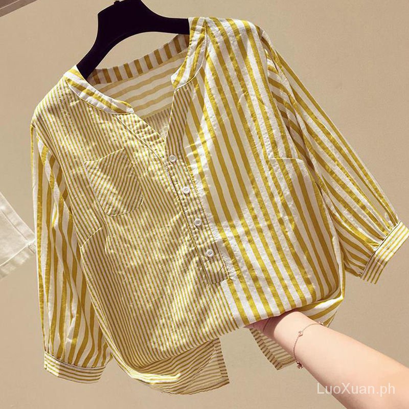 Áo Sơ Mi Tay Lỡ 3/4 Dáng Rộng Cỡ Lớn Họa Tiết Kẻ Sọc Phong Cách Hàn Quốc Thời Trang Cho Nữ