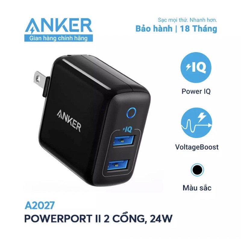 Sạc ANKER PowerPort II 2 cổng IQ 24w - A2027 Đen - Trắng