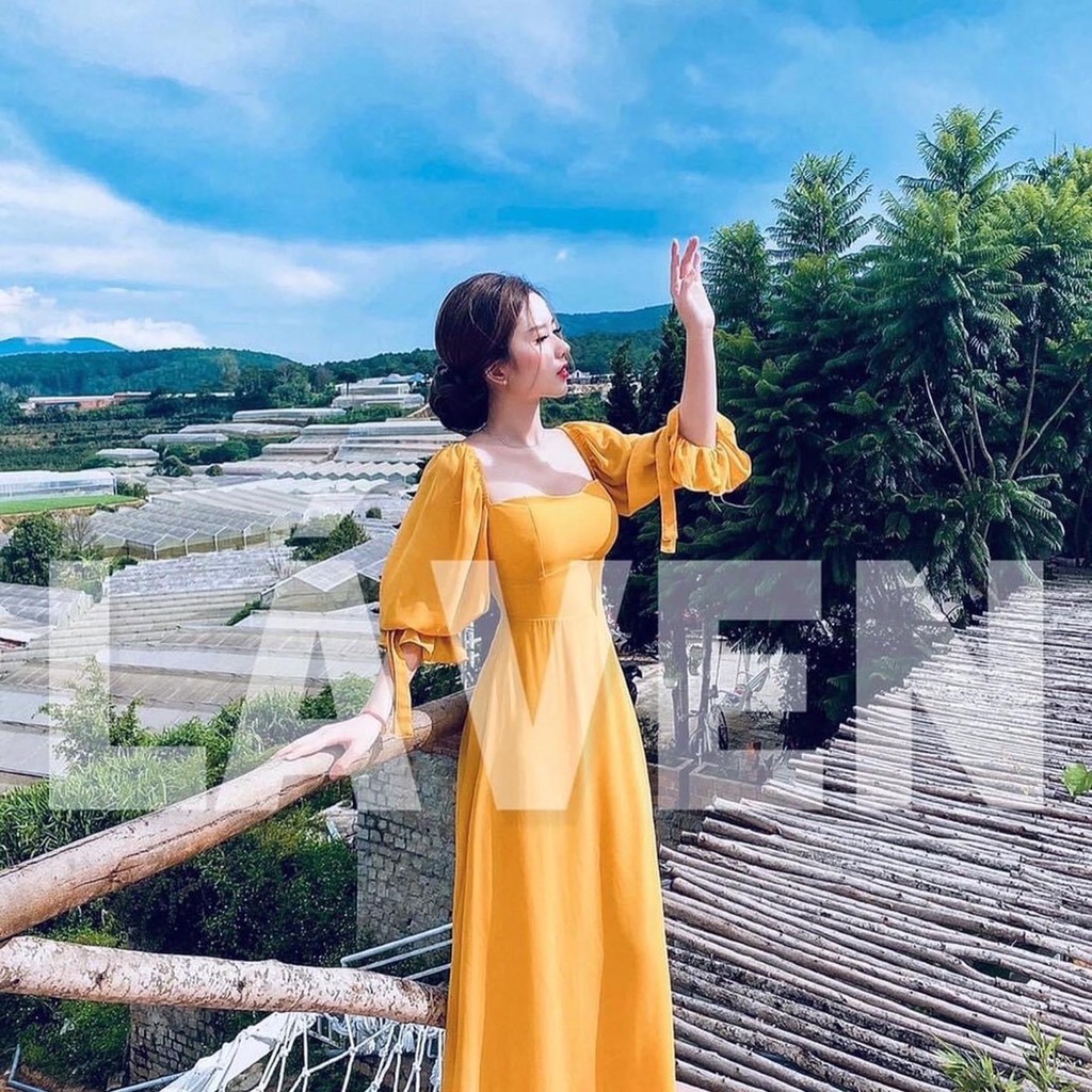 Đầm Maxi đi biển đầm đi biển váy đi biển maxi vàng đan lưngđi chơi đi tiệc đám cưới, du lịch sang chảnh cao cấp PVC