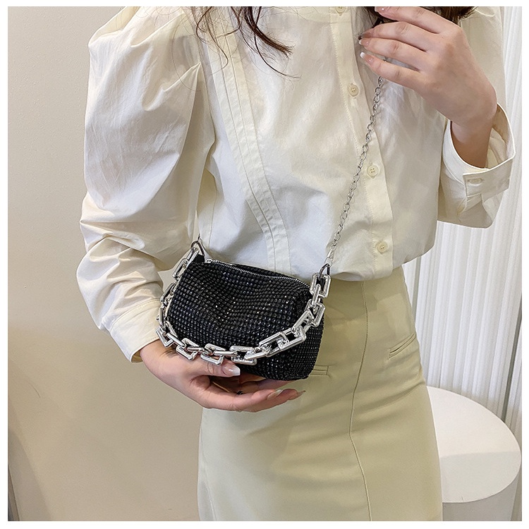 Túi Đeo JASMIN NOIR Vai Nắp Gập Đính Đá Phối Dây Xích Thời Trang Cho Nữ