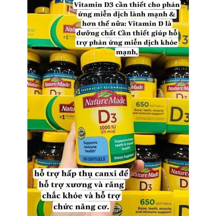 Viên Uống Nature Made D3 1000IU 25mcg, Tăng Cường Hệ Miễn Dịch, Hỗ Trợ Xương Khớp, Hộp 650 viên