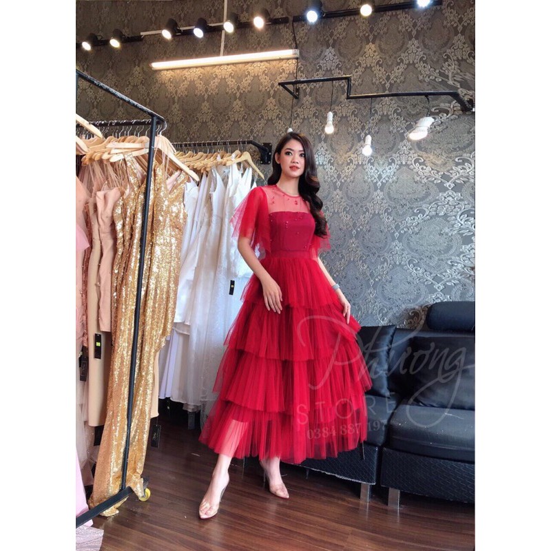 đầm xoè tầng tay loa kết cườm