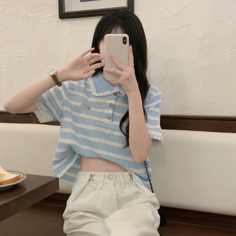 Áo polo Dệt Kim Tay Ngắn Họa Tiết Kẻ Sọc Màu Sắc Tương Phản Thời Trang Mùa Hè 2022 Cho Nữ