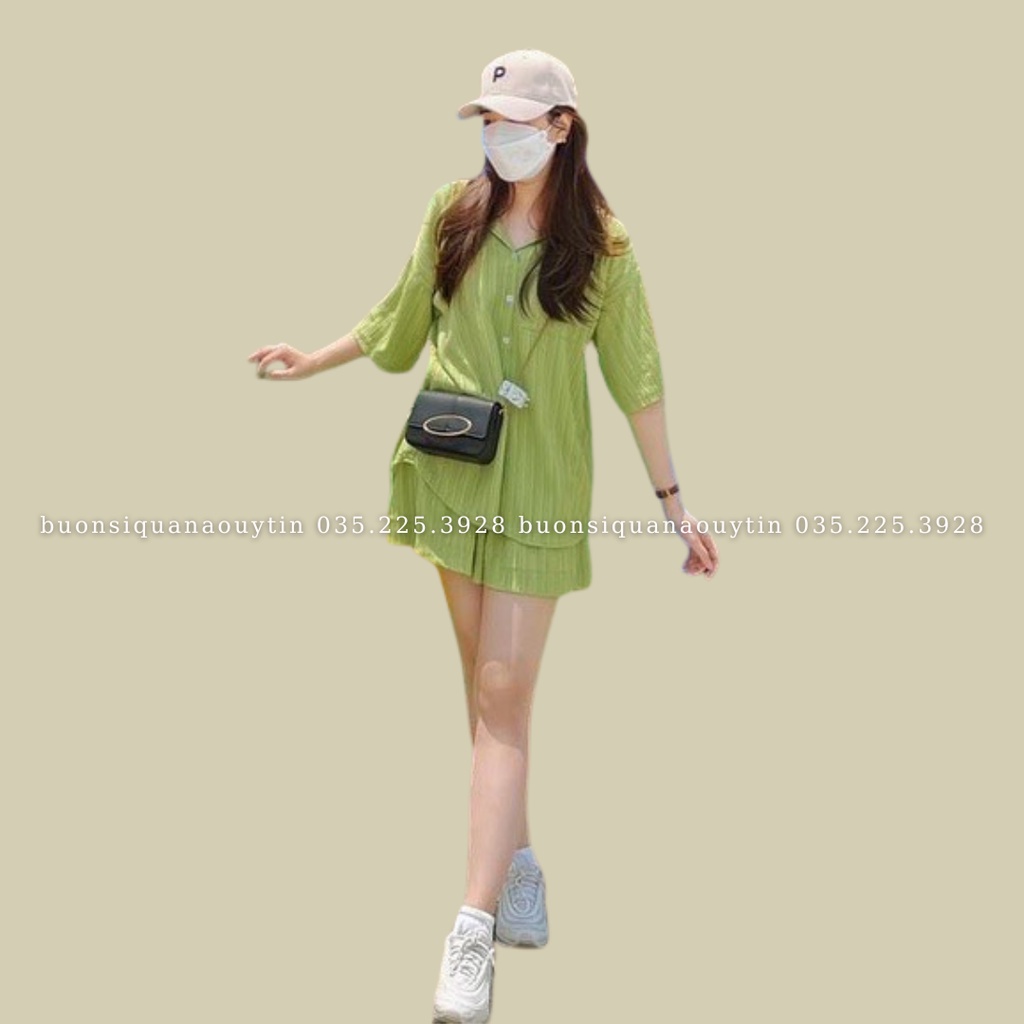 Sét đũi sóng nhăn áo sơ mi xẻ tà sau lưng thắt dây nơ kèm quần short 127