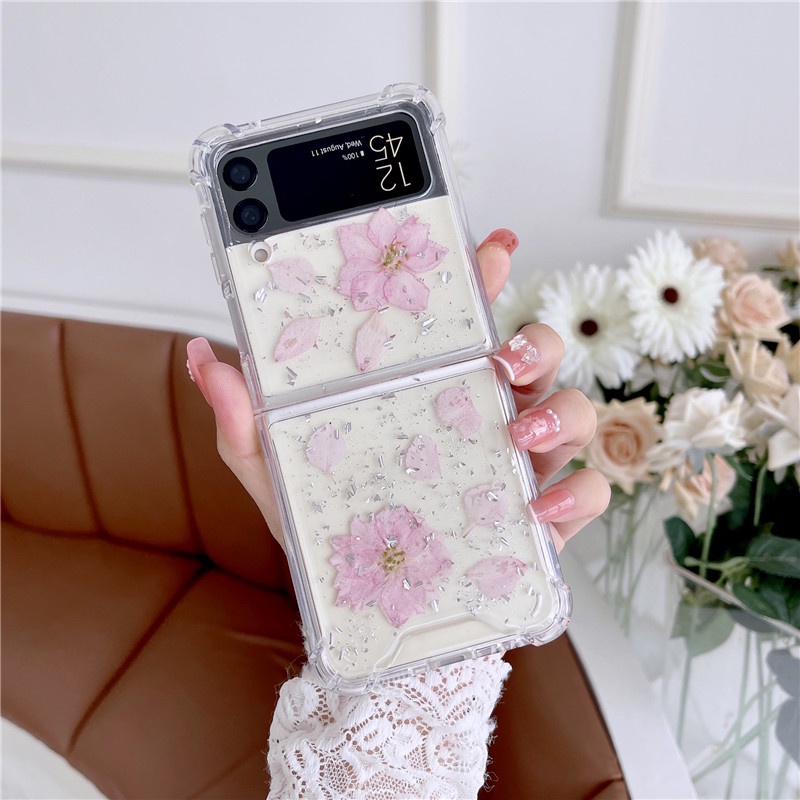 Bao Da Điện Thoại Nắp Gập Chống Sốc Phối Hoa Khô Lấp Lánh Dành Cho samsung galaxy z flip 5 z flip 4 z flip 3 5g z flip3 Ốp