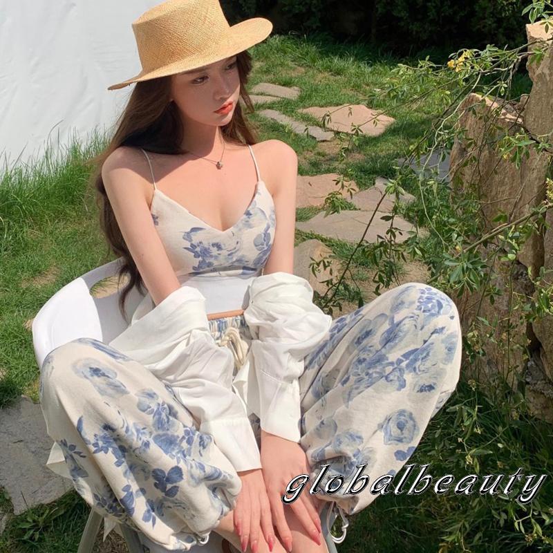 Set Áo 2 Dây Cổ Chữ V In Hoa + Quần Dài Lưng Thun Thời Trang Nữ