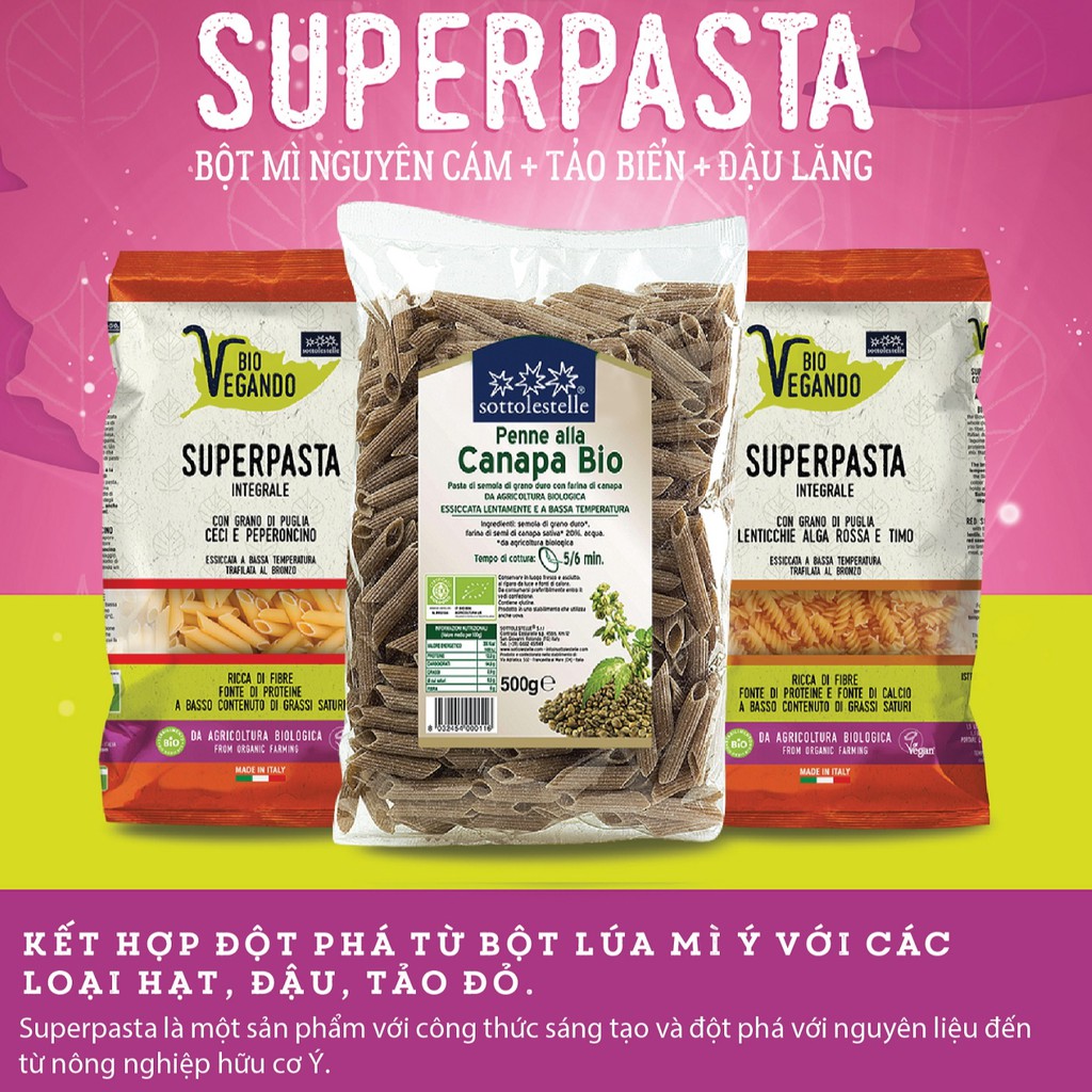 [Mã GROSALE2703 giảm 8% đơn 250K] Nui xoắn, nui ống nguyên cám hữu cơ 500g Sotto - Italia - Pasta