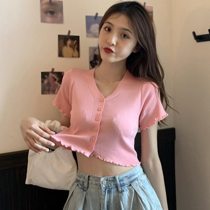 Áo lửng cổ chữ V ôm dáng trang trí hàng nút cho nữ | BigBuy360 - bigbuy360.vn