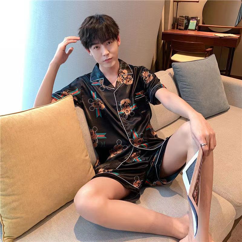 Men's Summer Pajamas Silk Short Sleeve Slim Shorts Fertilizer Large Size Men's Cartoon Youth Student Home Service Suit | BigBuy360 - bigbuy360.vn