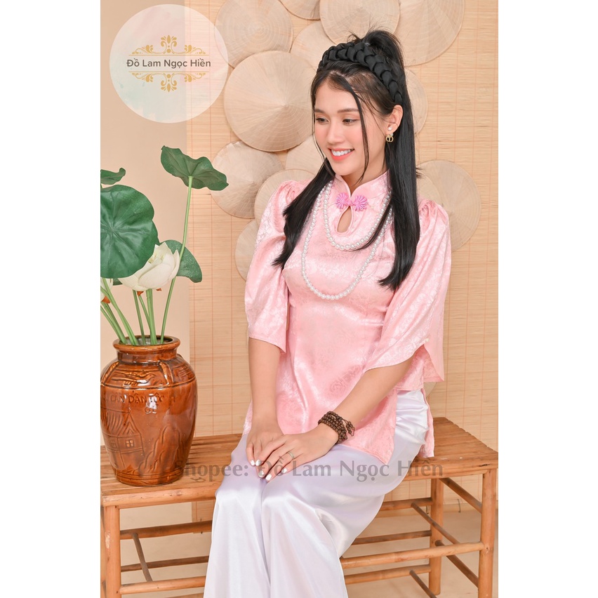 Đồ Lam Đi Chùa Mẫu Bà Ba Cách Tân Cổ Giọt Nước Tay Cánh Tiên Chất Liệu Gấm (QUẦN ĐEN)
