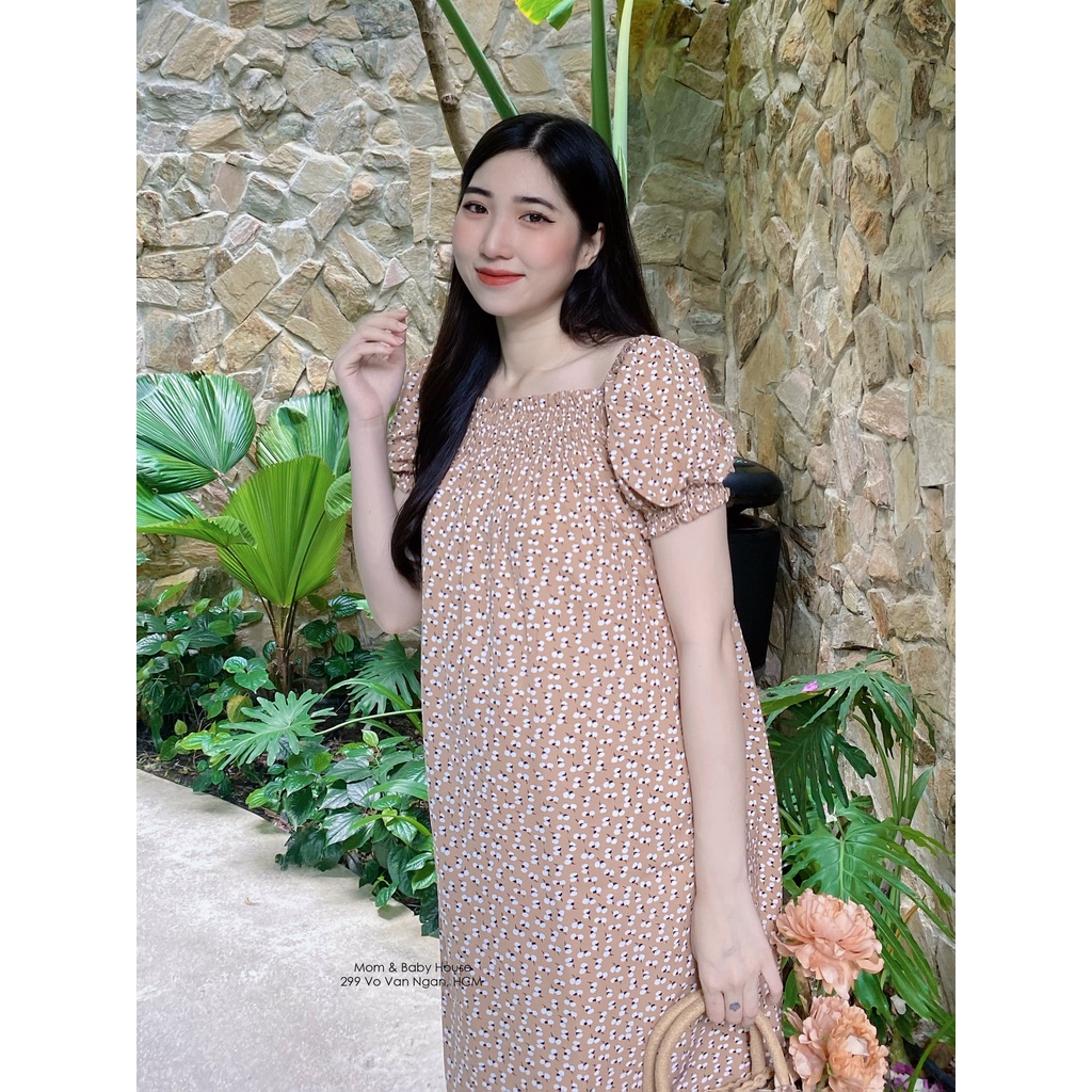 EVERMOM | Đầm bầu bông nhí nhún ngực tay phồng