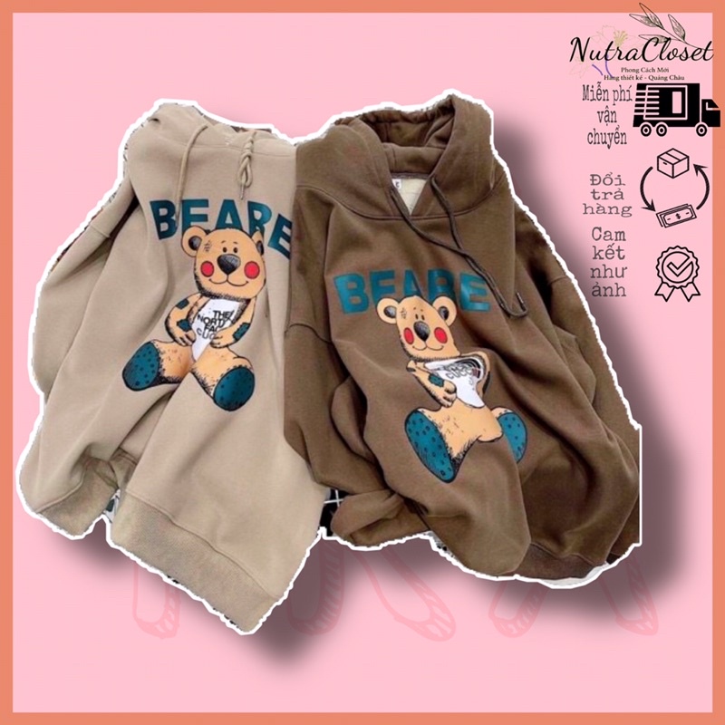 Áo khoác chui đầu hoodie nỉ ngoại có nón tay phồng in gấu unisex ulzzang nam nữ
