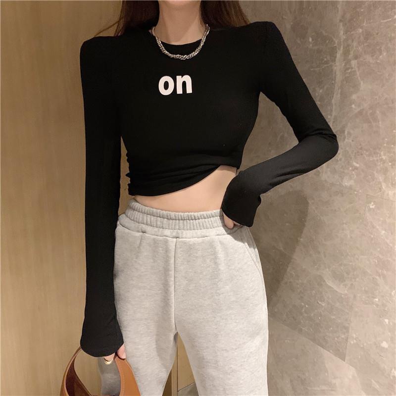 Áo Thun Lửng Tay Dài Dáng Ôm Thêu Chữ Thời Trang Xuân Thu 2021 Phong Cách Mới