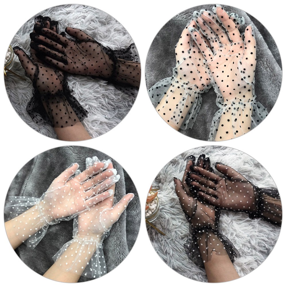 HS Women Mesh Mittens Sexy Dot Printing Tulle Gloves Lotus Leaf Elastic Sunscreen Transparentes Full Finger/Multicolor