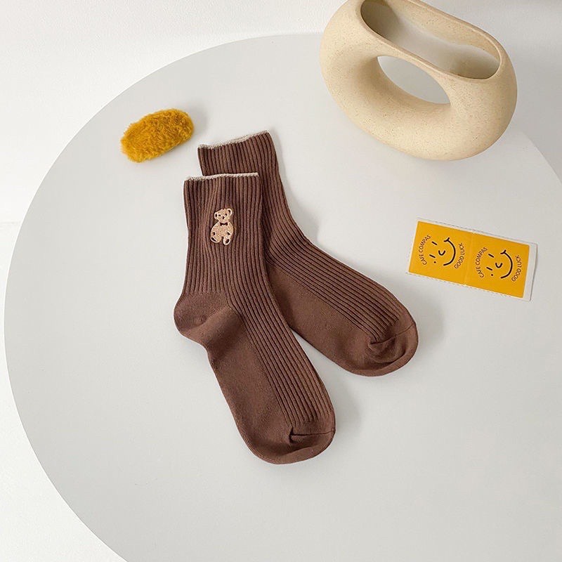 Tất bèo nữ cổ cao, vớ cổ cao vải cotton thêu hình chú Gấu Teddy phong cách thời trang Hàn Quốc - TD68 [Set 5 Đôi ]