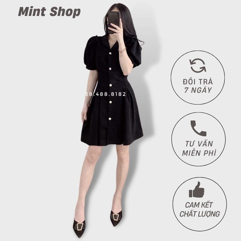 Váy chữ A thiết kế công sở cúc ngọc tay bồng phối cổ vest 2 màu be - đen cực sang chảnh siêu hách dáng cho các nàng