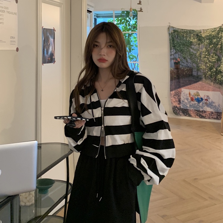 Áo Khoác Hoodie Dáng Rộng Kẻ Sọc Phối Khóa Kéo Đôi Thời Trang Hàn Quốc 2 Màu Tùy Chọn