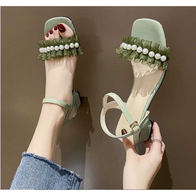 Giày Sandal Công Sở Nữ Dự Tiệc Quai Ngang Ren Phối Ngọc Gót Vuông Gót Cao 5cm Dễ Thương