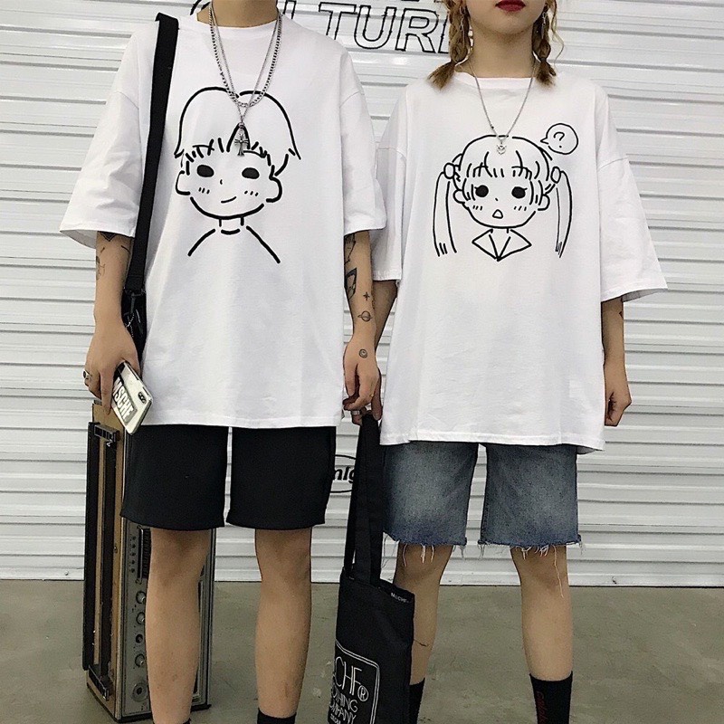 Áo thun_ Áo đôi, cặp nam nữ tay lỡ Oversize AT12 dáng xuông hình in couple CUTE