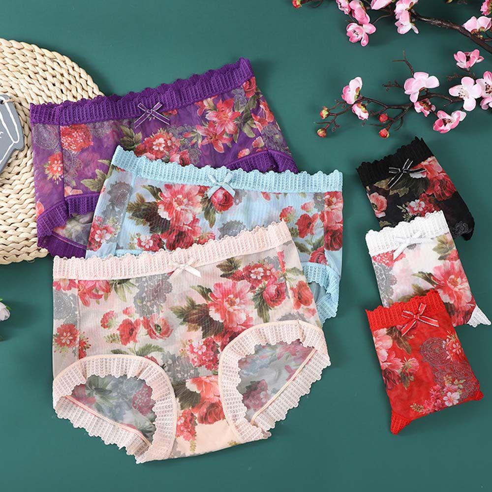 Quần Lót Cotton Lụa Phối Lưới Thoáng Khí Lưng Vừa Họa Tiết Hoa Phong Cách Hàn Quốc Cho Nữ