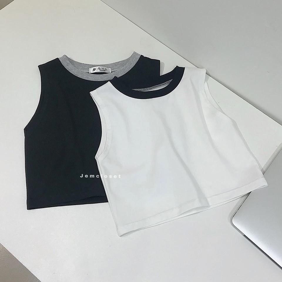 Áo croptop ba lỗ JEMCLOSET có cổ viền hai màu trắng đen dễ phối đồ - 1526