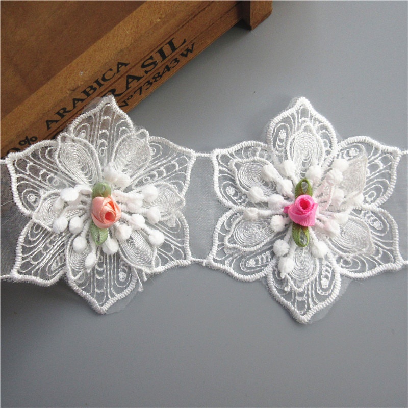 Cuộn Dây Ruy Băng Vải Ren Cotton Rộng 8cm Thêu Hoa Lục Giác 3D Dài 1 Yard Dùng May Trang Phục Thủ Công