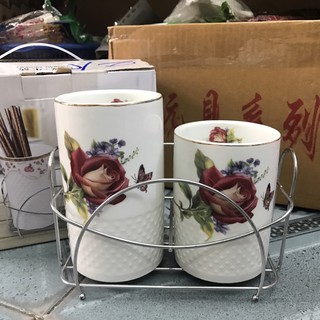 Mua Bộ 2 ống cắm đũa sứ hoa (kèm giá inox)