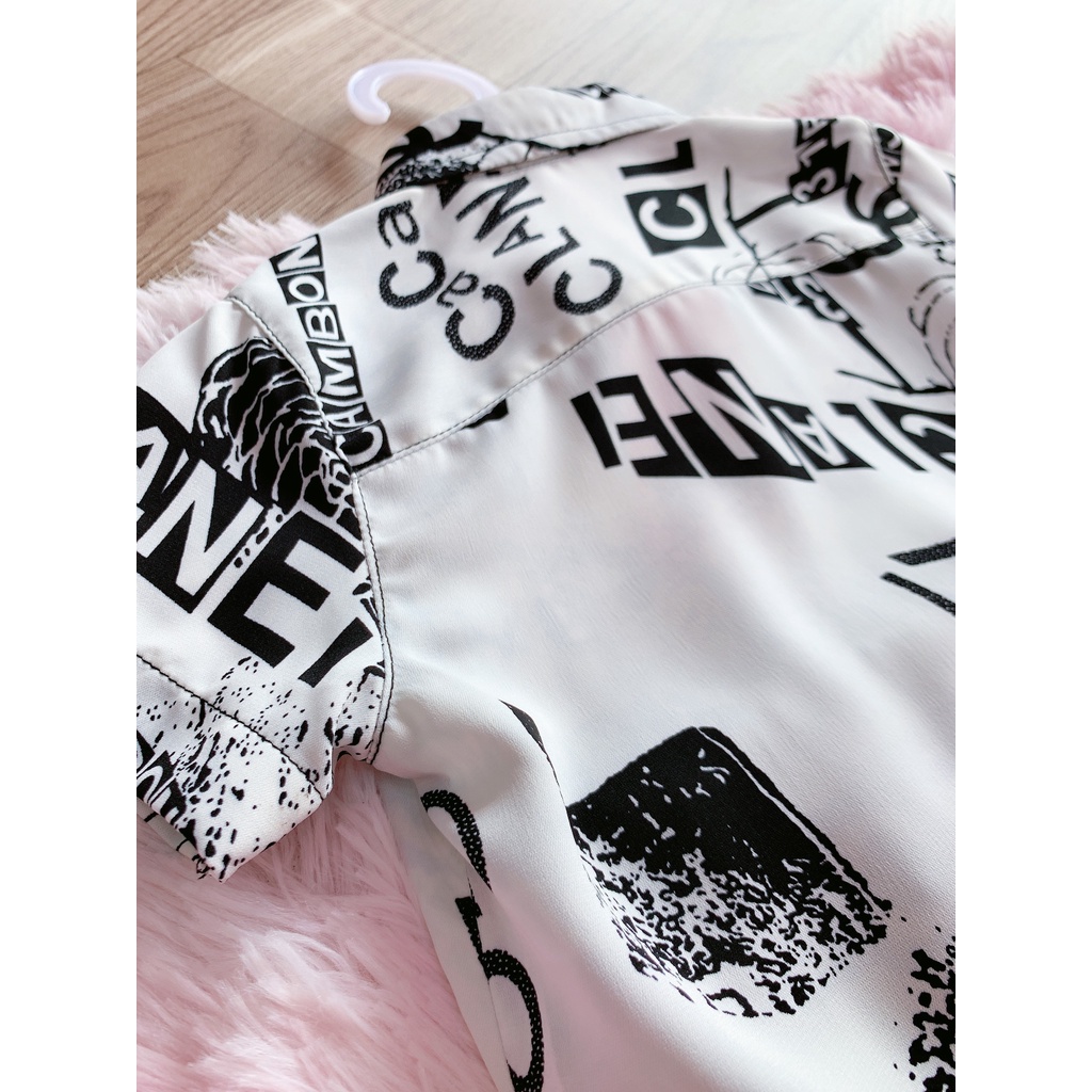 Áo sơ mi bé trai hoạ tiết thương hiệu Chanel cực chất vải lụa mềm mát size bé 10-40kg