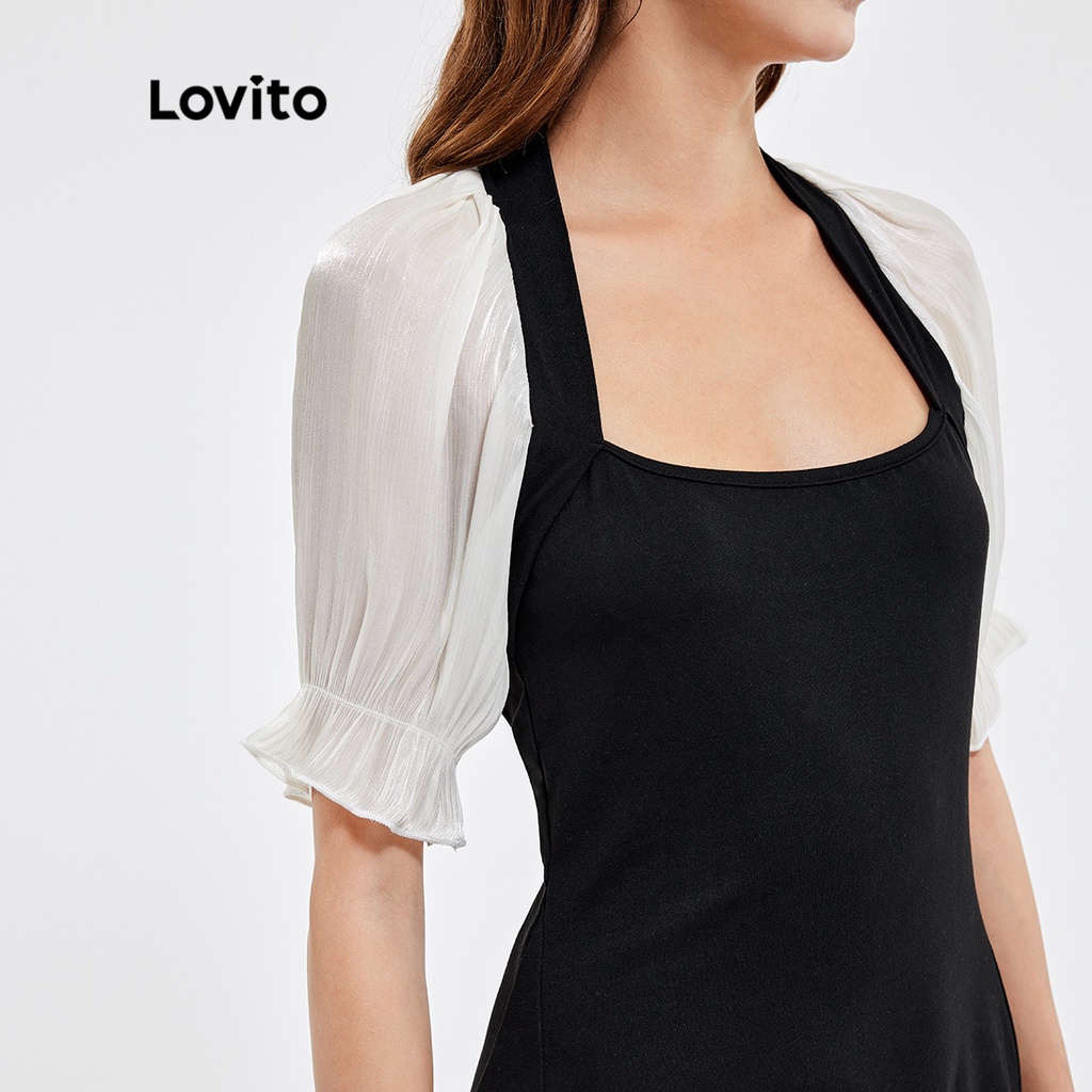 Đầm Lovito cổ vuông tay phồng ghép nối màu trơn phong cách vintage L25AD144 (màu đen)