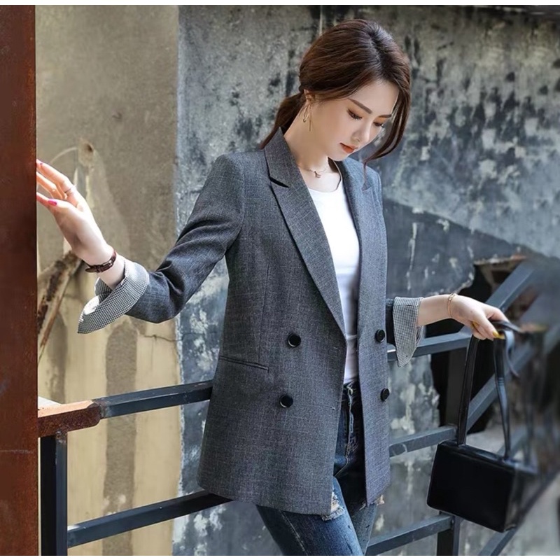 AK6 - Áo khoác blazer dáng dài phối tay