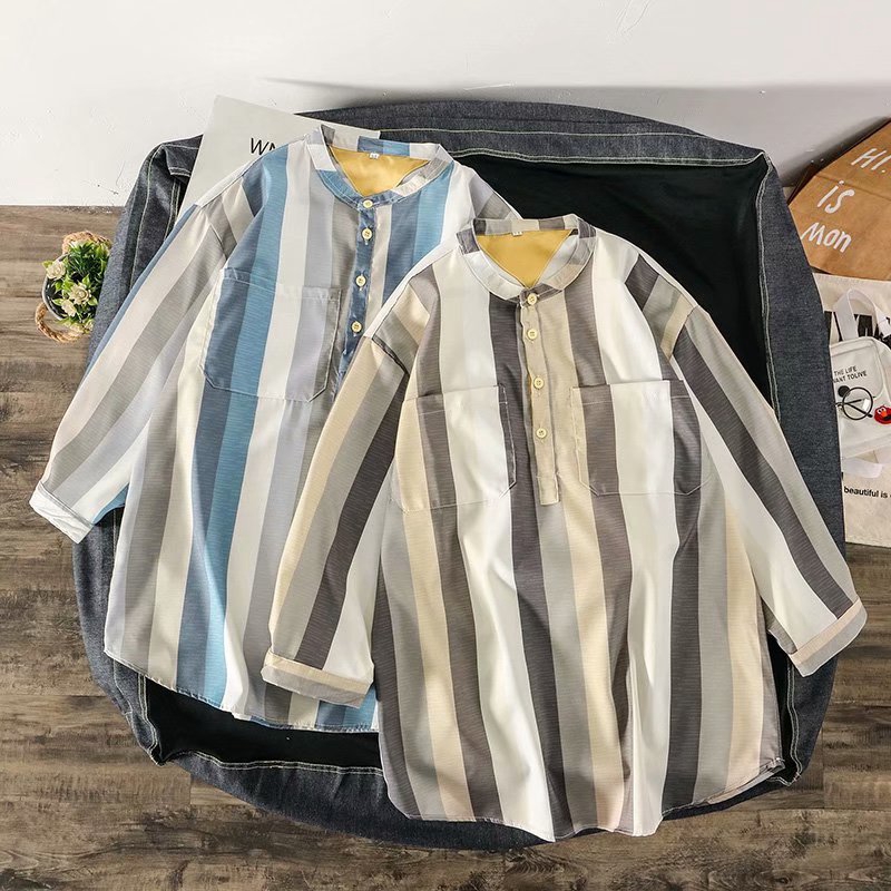 Korean Fashion Men's Short Sleeve Round Neck Striped T-shirt