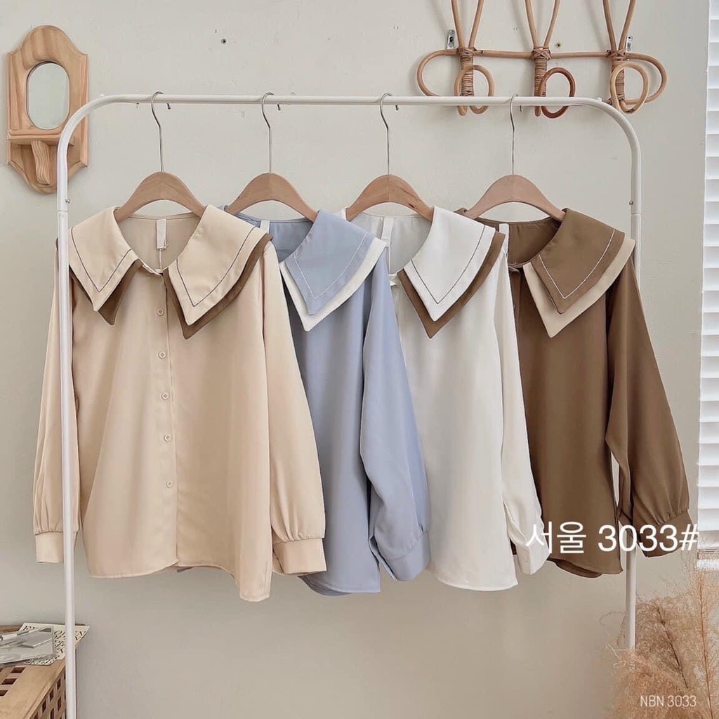 Áo Sơ Mi Nhung Tăm Dài Nữ Phong Cách Retro A8481 Áo Sơ Mi Tay Phồng Bèo Vai 2 Lá Cực Sành Điệu Thời Trang Thu Đông