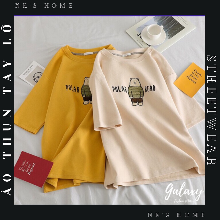 Áo thun tay lỡ unisex THÊU GẤU POLAR BEAR- Áo phông nữ form rộng cho cặp đôi phong cách hàn quốc