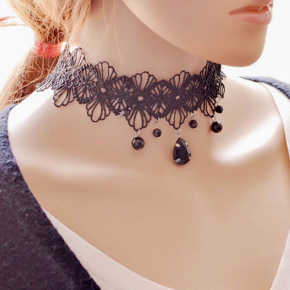 Black Flower Gothic Steampunk Black Tassel Women Jewelry Necklace