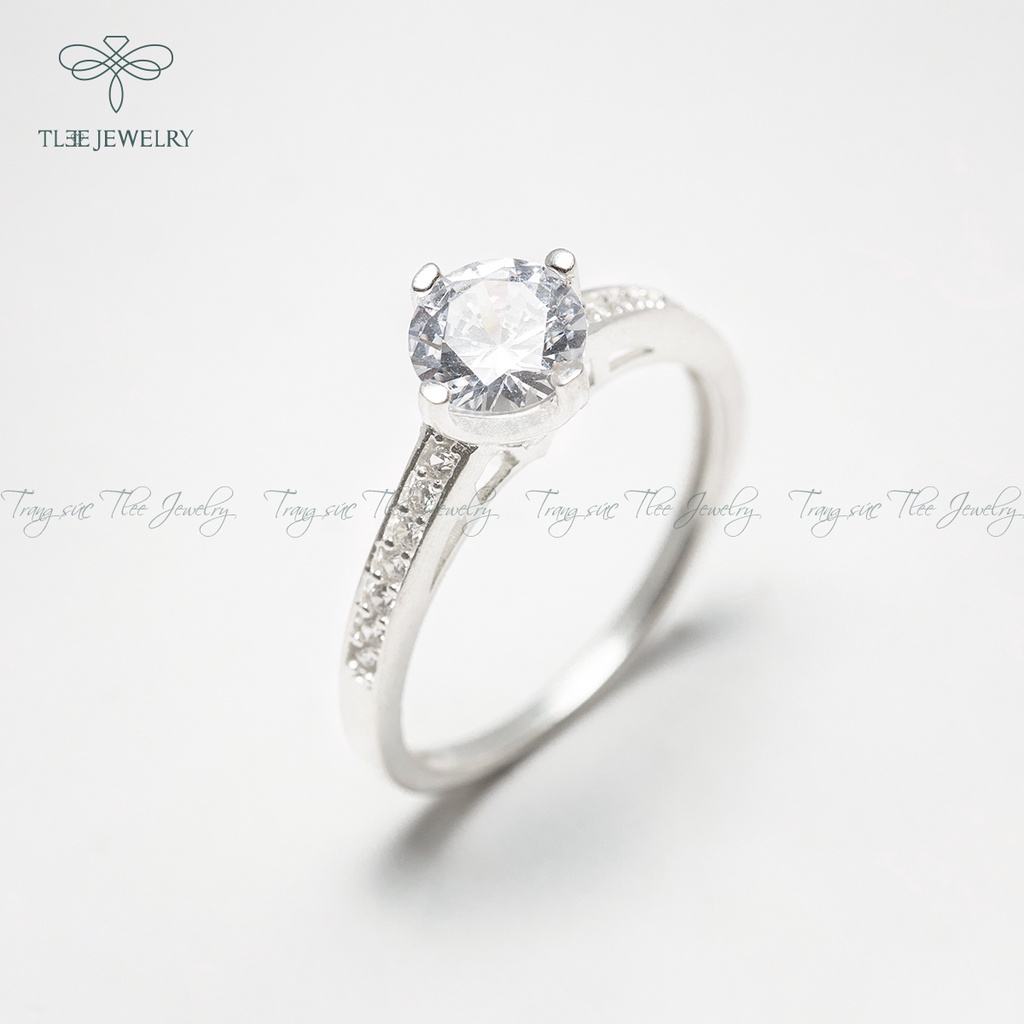 Nhẫn bạc nữ TLEE trụ đá bốn chấu viền nạm đá sang tay NCJ A0159