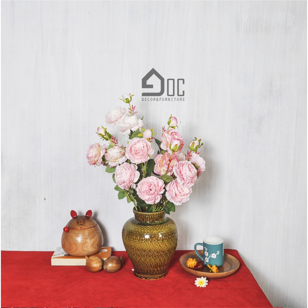 Hoa giả, hoa hồng mẫu đơn 2 bông 1 nụ cao cấp loại 1 Góc decor