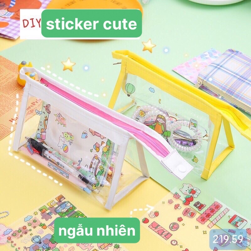 Túi đựng bút, mỹ phẩm trong suốt viền màu (tặng kèm sticker)