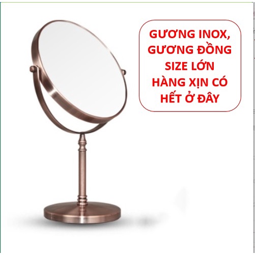 Gương trang điểm bằng đồng/inox cỡ lớn - Gương để bàn 2 mặt xoay 360 độ zoom x2 hàng chuẩn xịn