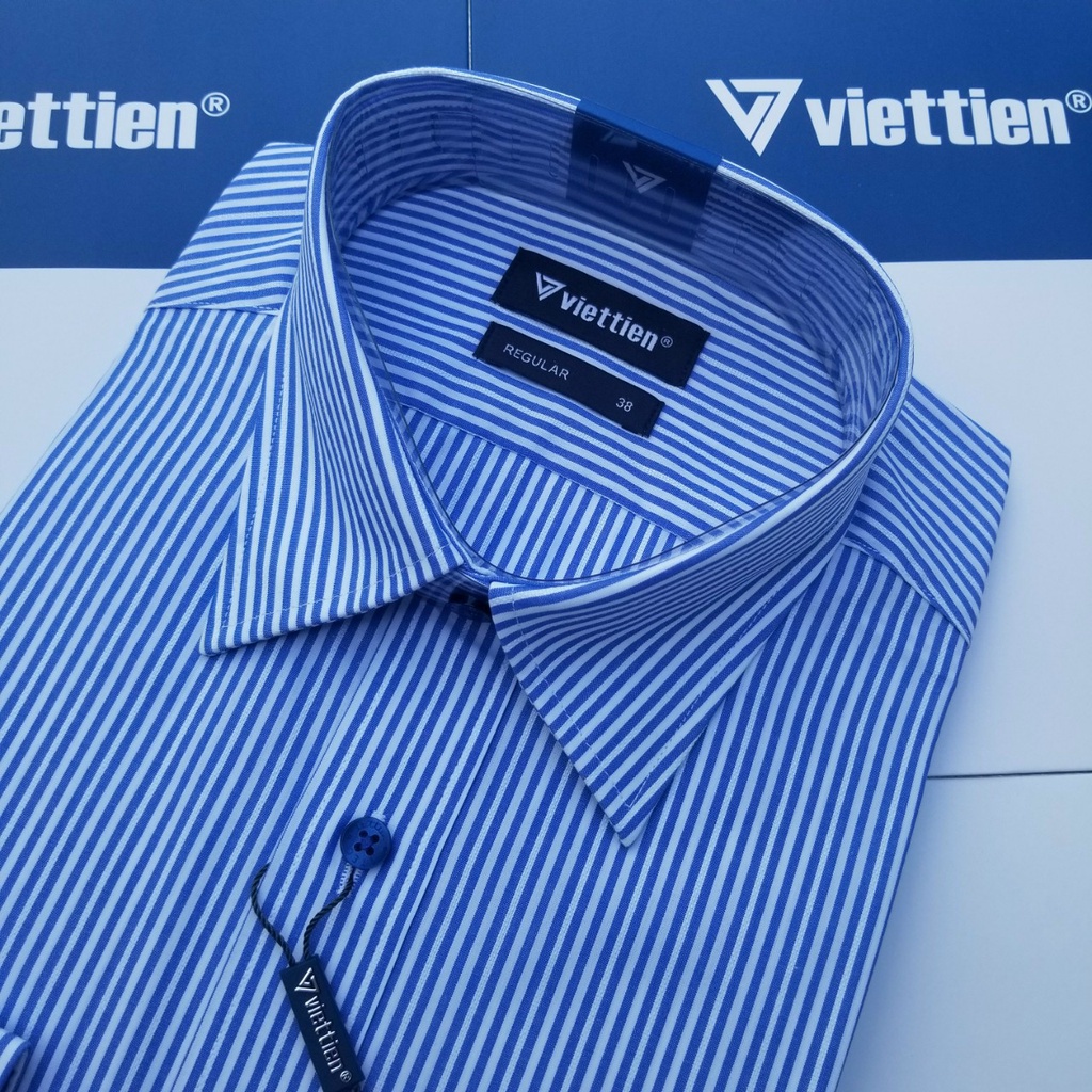 Aó sơ mi nam Việt Tiến dài tay mã  1P0678NT5 chính hãng ,cao cấp - form suông REGULAR - tà bầu ,kẻ sọc xanh.SHOP HỨA