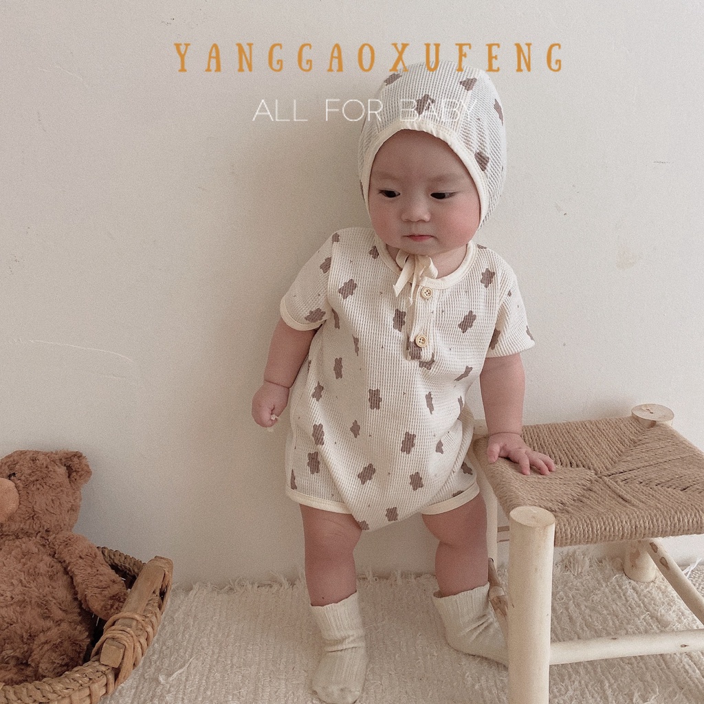 Bộ Áo Liền Quần Tay Ngắn In Hình Gấu Và Nón Dễ Thương Cho Bé Sơ Sinh