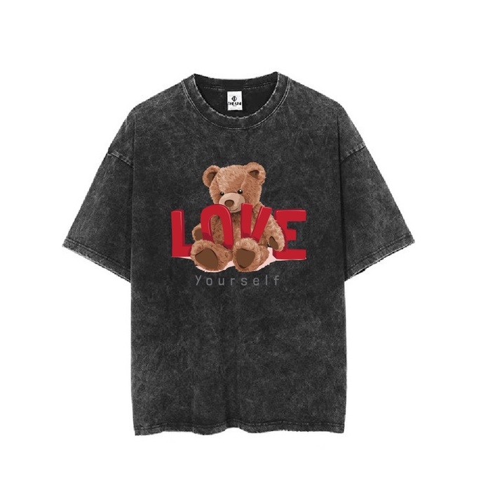Áo Thun Wash Loang Cotton Áo Phông In Gấu Form Rộng Tay Lỡ Dáng Oversize Nam Nữ Chất Vải Dày Dặn Mặc Mát Mẻ