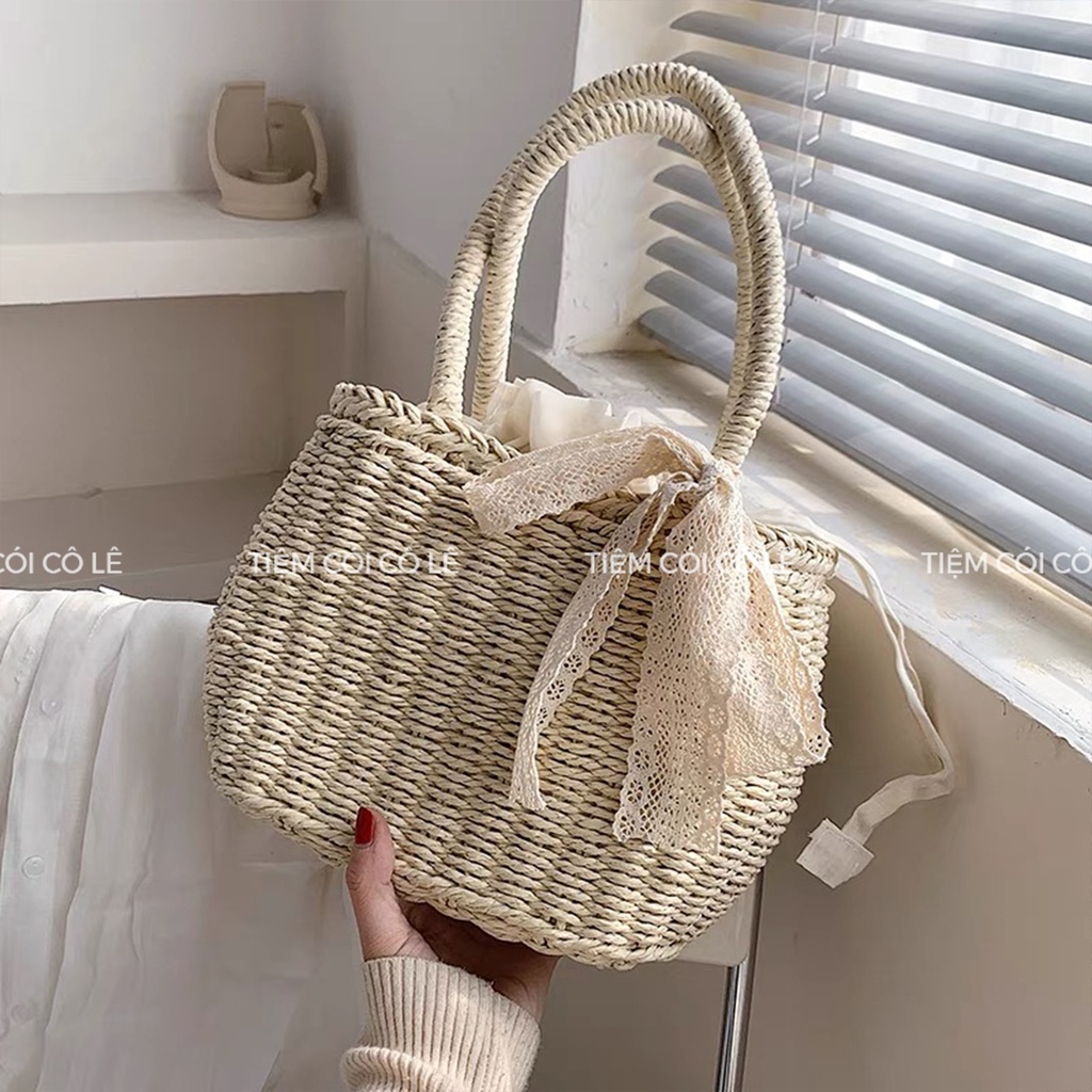 Túi cói bầu đính nơ ren đi biển phong cách vintage - Tiệm Cói Cô Lê