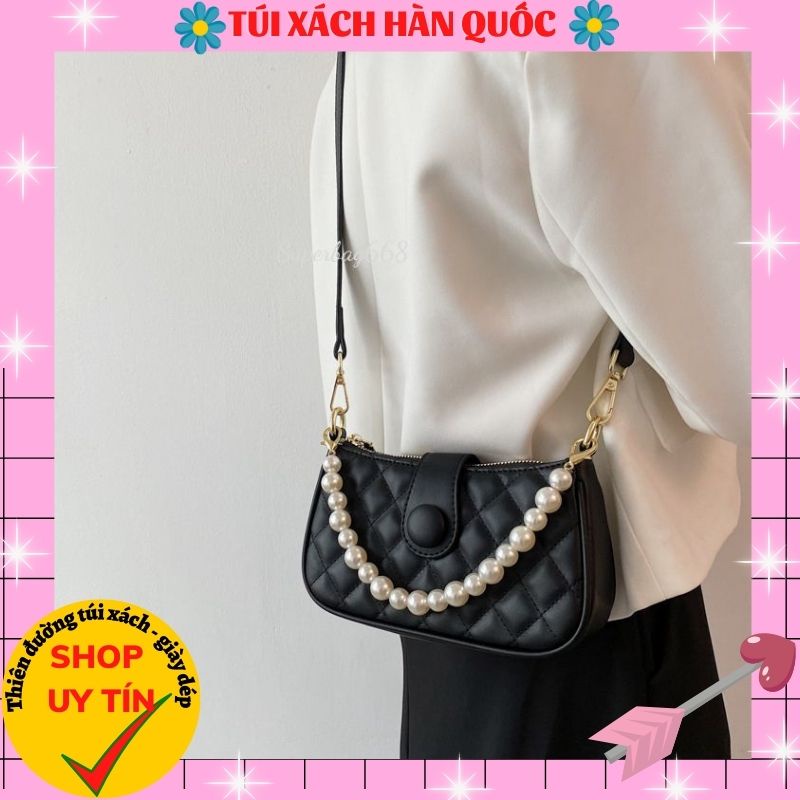 Túi Xách Nữ Kẹp Nách Đeo Chéo Phối Dây Ngọc Cúc Vân Trám 227