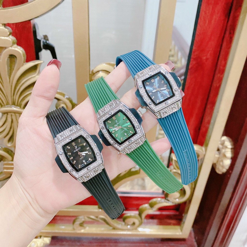 Đồng Hồ Nữ Đeo Tay Hublot, Đồng Hồ Thời Trang Nữ Đính Đá Dây Cao Su Silicon Mặt Chữ Nhật Viền Kim Loại