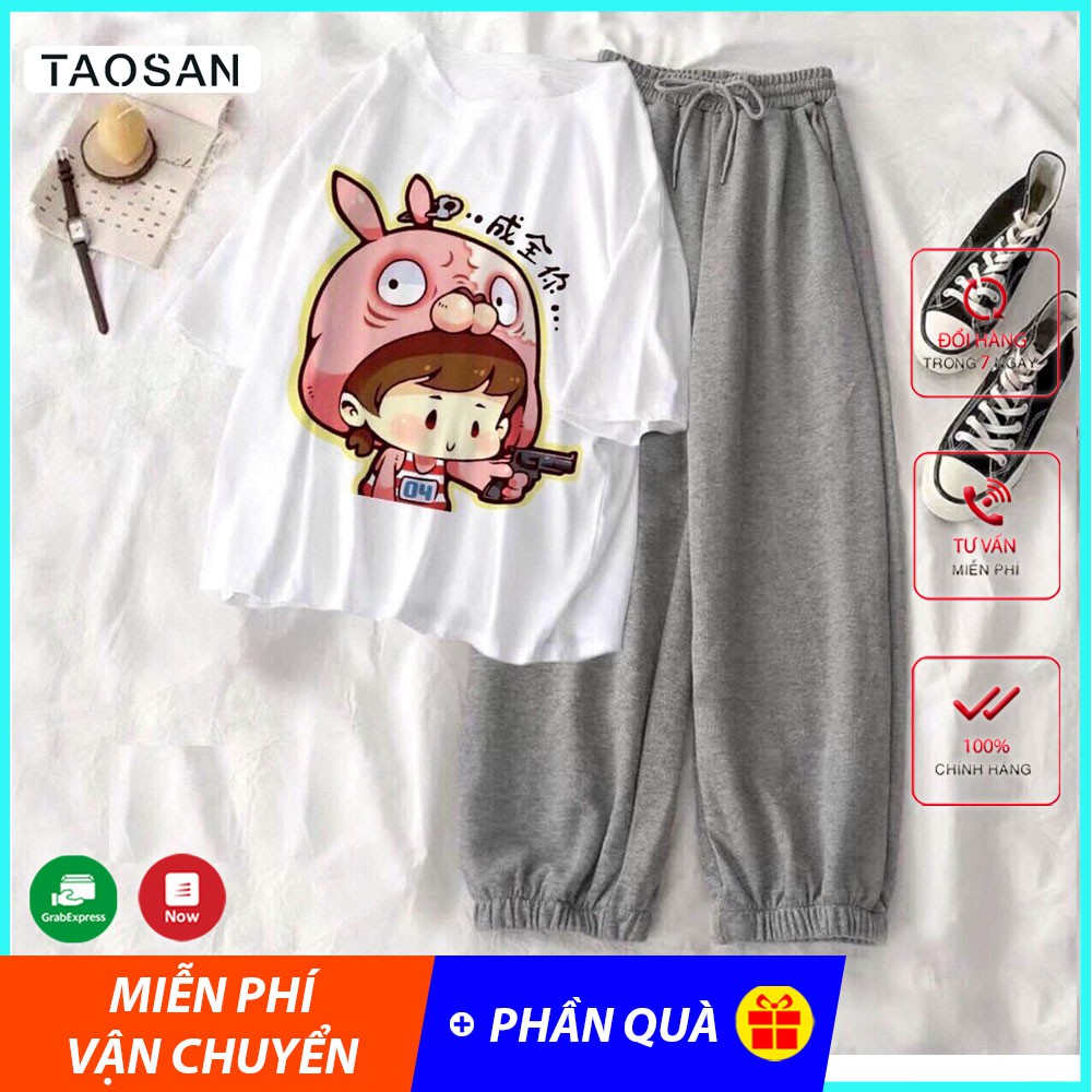 [QUÀ TẶNG LÀ 1C KHÂUTRANG] Sét đồ nữ gồm áo phông kèm quần ống rộng bo chun quảng châu, bộ quần áo nữ Taosan