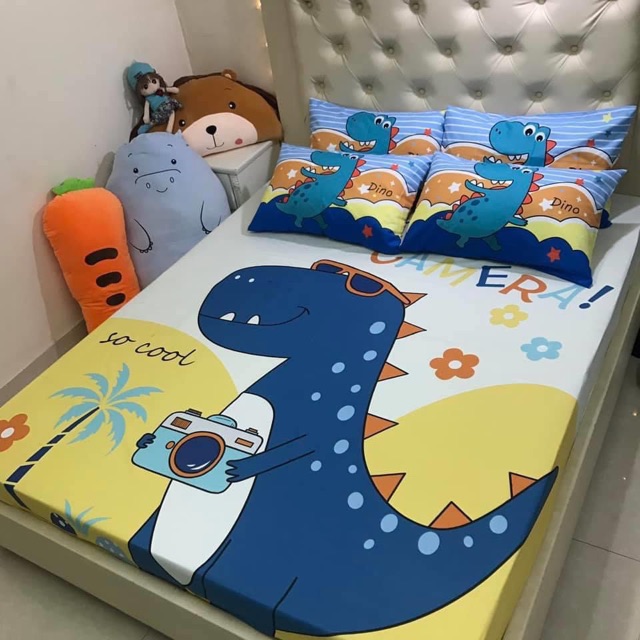 BỘ GA GỐI COTTON POLY 5D - KHỦNG LONG CHỤP ẢNH