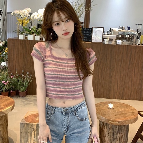 Áo thun ZHELIHANGFEI dệt kim ngắn tay họa tiết kẻ sọc phong cách quyến rũ