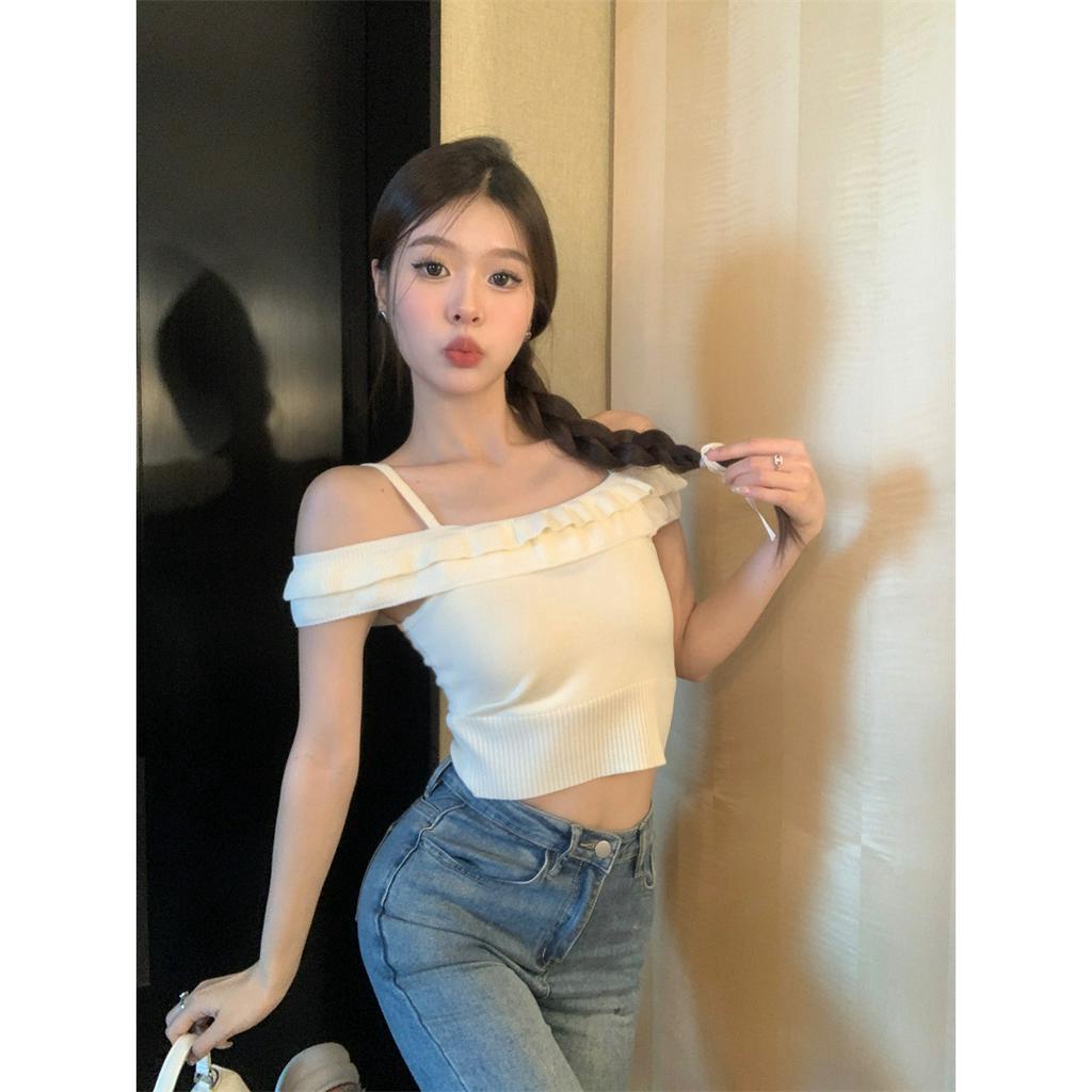 Thời trang Hàn Quốc Pleated Sling Vest Hot Girl Wind Single Shoulder Short Bra Top