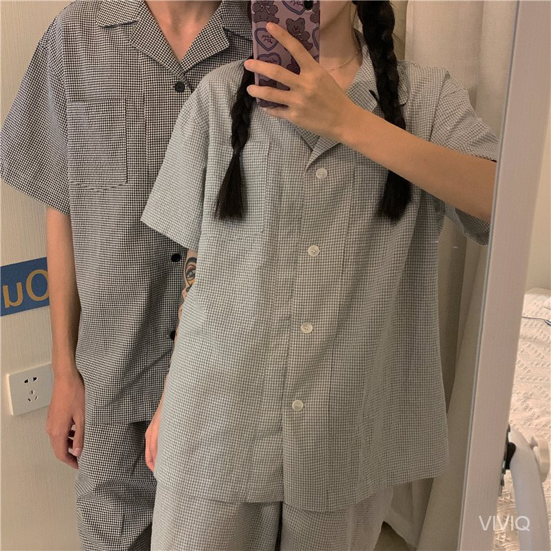 [Spot]  Korean Style Plaid Homewear Suit Short Sleeve Shirt Top Shorts Pants Women's Summer Couple Pajamas Two-Piece Suit  ✨VIVIQ