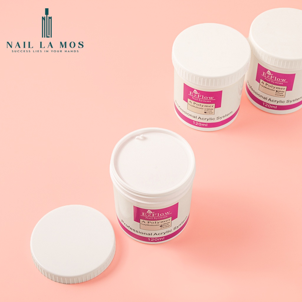 Bột đắp móng Ezflow 120ml chính hãng rất mịn và dẻo, không vón cục - Polymer Nail Powder đủ 3 màu white, pink, clear
